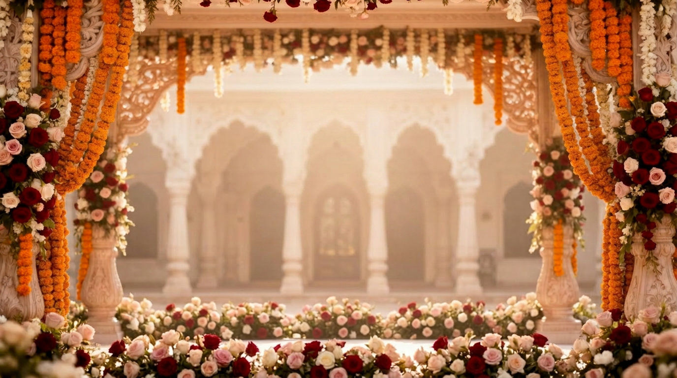 South Asian bride at a floral mandap